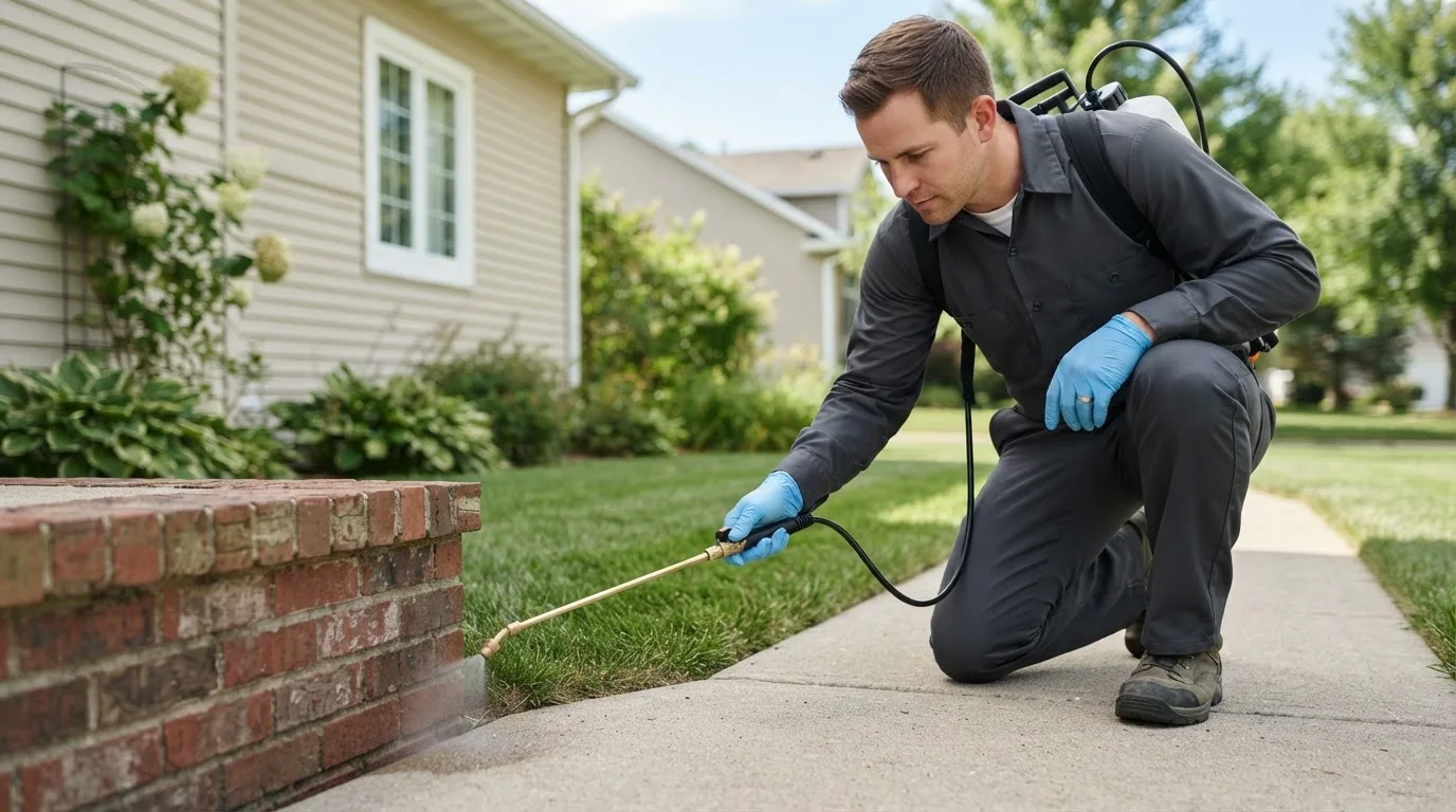 Pest control technician treating a home near Monteview, ID